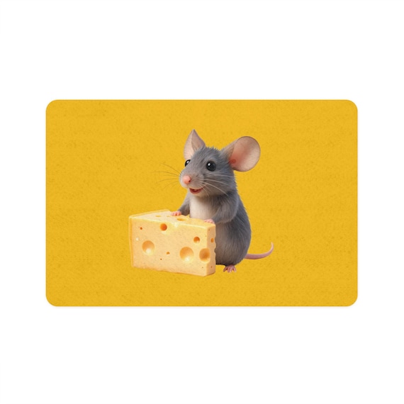 Whimsical Mouse Cheese Pet Food Mat | 12x18 Inch Neoprene Backing