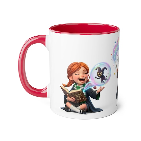 Accent Mug | Laughing Wizard Girl Reading Ancient Spells & Pranks Book Kids Fantasy Magic Cup