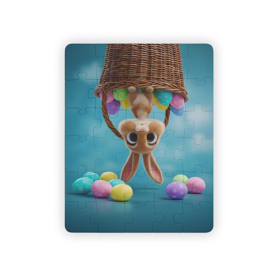 Jigsaw Puzzle | Cute Upside Down Easter Bunny in Basket with Colorful Eggs, Kids' 30-Piece