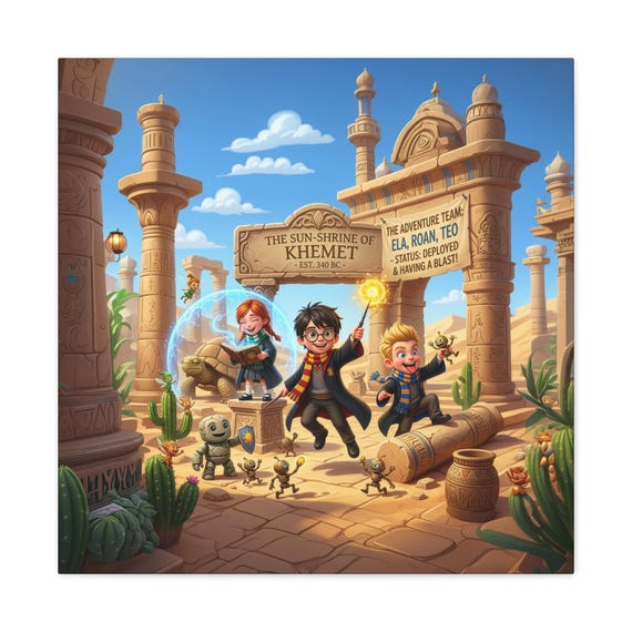 Adventure Kids Egypt Scene Canvas | Wall Art, Archaeology Illustration (24" x 24")