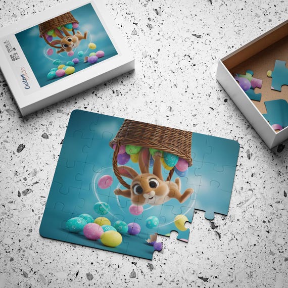 Jigsaw Puzzle: Cute Upside Down Easter Bunny & Colorful Eggs Spilling from Basket, 30-Piece Kids Activity