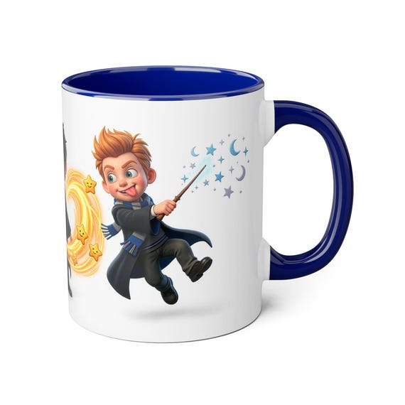 Accent Mug | Cute Wizard Boy Waving Wand with Stars Kids Fantasy Coffee Cup Gift
