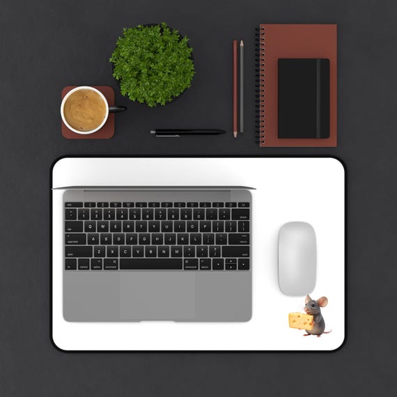 Desk Mat | Adorable Grey Mouse with Cheese Slice Office Mouse Pad