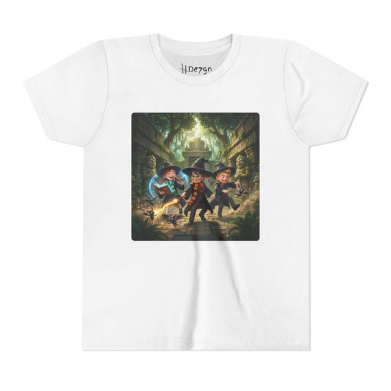 Youth Short Sleeve Tee | Playful Wizard Trio Spellcasters in Jungle Temple Ruins Fantasy Kids Shirt