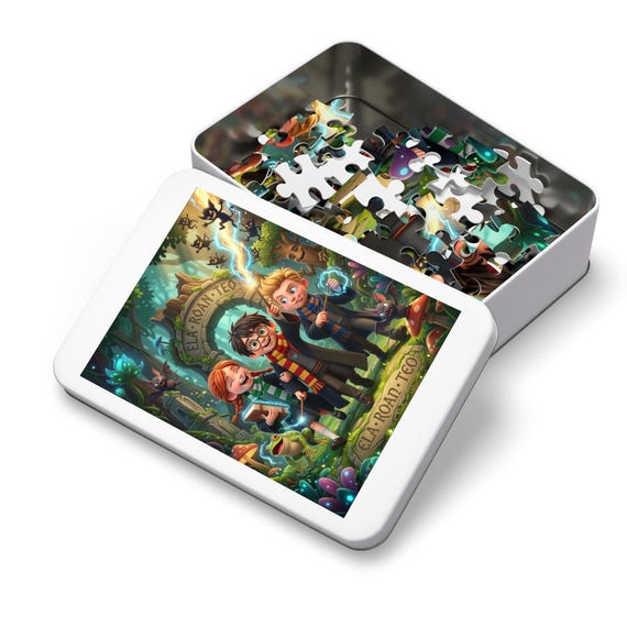 Wizard Kids Forest Adventure Jigsaw Puzzle | Whimsical Magical Scene, Collectible Tin (10" x 8")