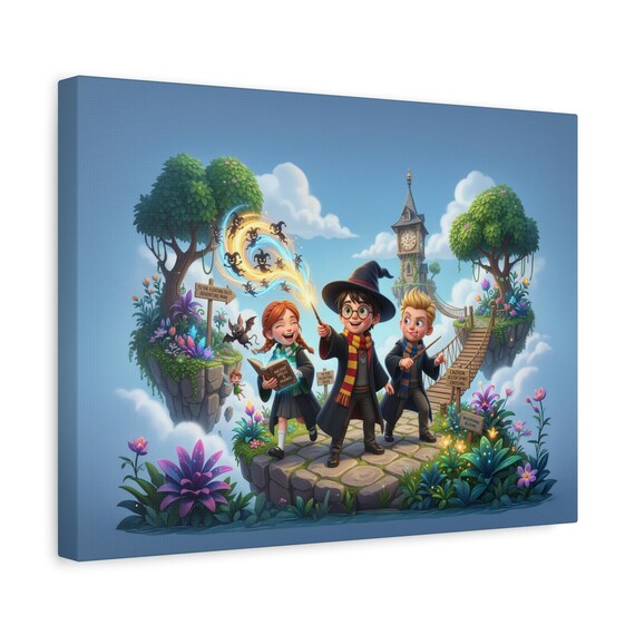 Canvas Wall Art | Whimsical Wizard Trio on Floating Isles, Kids Fantasy Spellcasting Adventure Decor