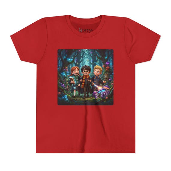 Youth Short Sleeve Tee | Kids Wizard Trio in Luminous Mushroom Forest Casting Spells Fantasy Tee