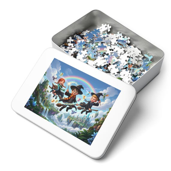 Jigsaw Puzzle with Tin - Magical Wizard Children Flying Broomsticks Over Fantasy Castle Rainbow