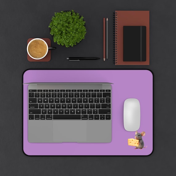 Desk Mat | Purple Desk Pad featuring Cute Mouse with Cheese, Kawaii Office Decor & Gamer Mousepad