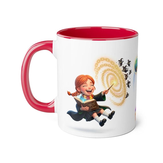 Accent Mug | Joyful Wizard Girl Casting Golden Chain Spell from Ancient Spells & Pranks Book, Kids Fantasy Gift