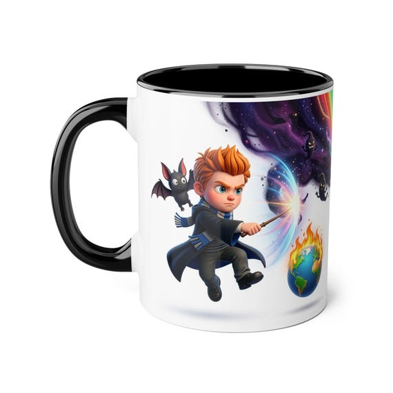 Accent Mug | Young Wizard Boy and Bat Familiar Casting Powerful Magic to Protect Earth from Dark Forces Fantasy Gift