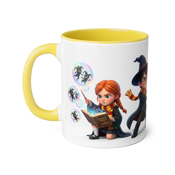 Accent Mug | Cute Wizard Girl Conjuring Shadow Bubbles from Ancient Spells & Pranks Book Kids Fantasy Gift