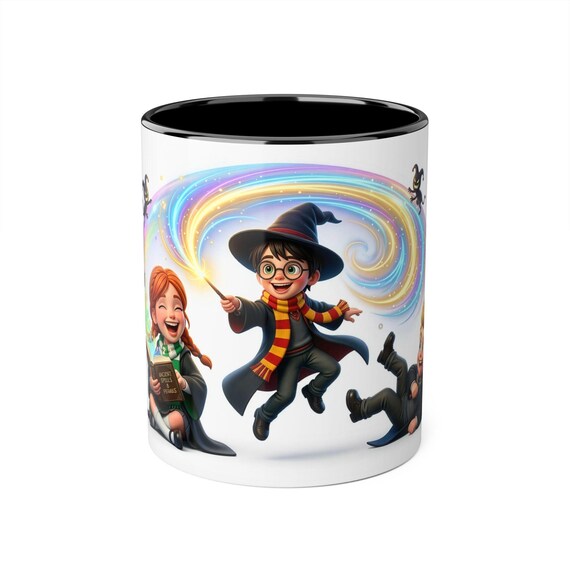 Kids Accent Mug: Whimsical Wizard Trio with Rainbow Magic & Playful Spells, Fantasy Gift