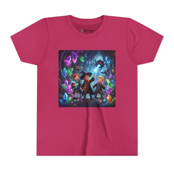 Youth Short Sleeve Tee | Young Wizards Exploring Crystal Cavern Fantasy Graphic T-Shirt