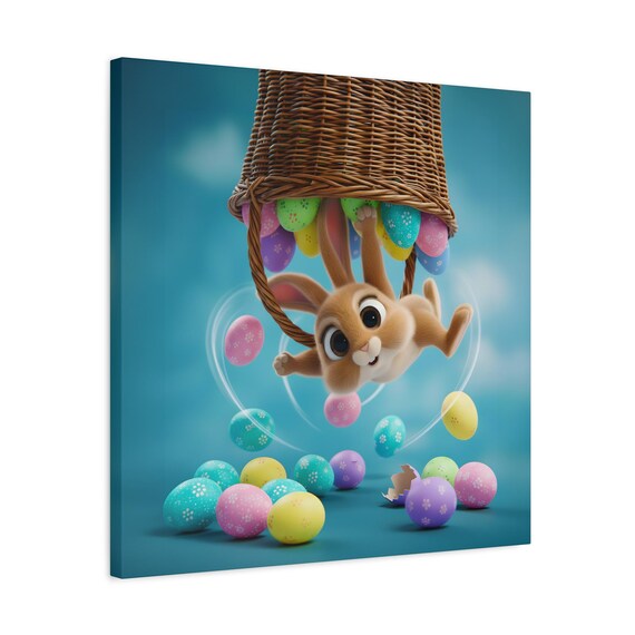 Canvas Wall Art | Playful Easter Bunny Tumbling from Basket with Colorful Eggs