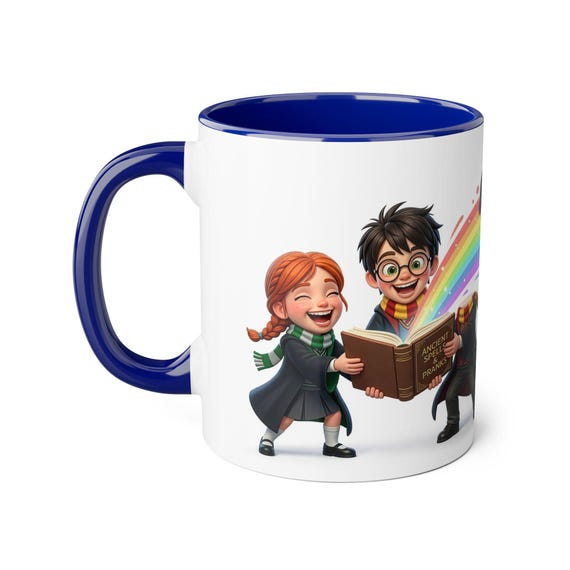 Accent Mug | Cute Wizard Kids Discovering Ancient Spells & Pranks Book with Vibrant Rainbow Magic Fantasy Cup