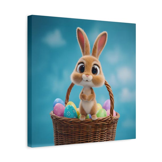 Canvas Wall Art | Cute Easter Bunny Standing in Basket with Colorful Eggs, Kids Room Decor, Spring Gift
