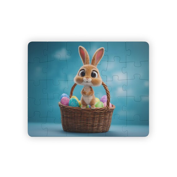 Jigsaw Puzzle - Adorable Easter Bunny Peeking from Basket with Colorful Eggs, 30-Piece Kids' Activity