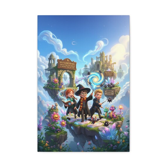 Wizard School Trio Canvas Print | Fantasy Kids Illustration, Floating Island (16" x 24")