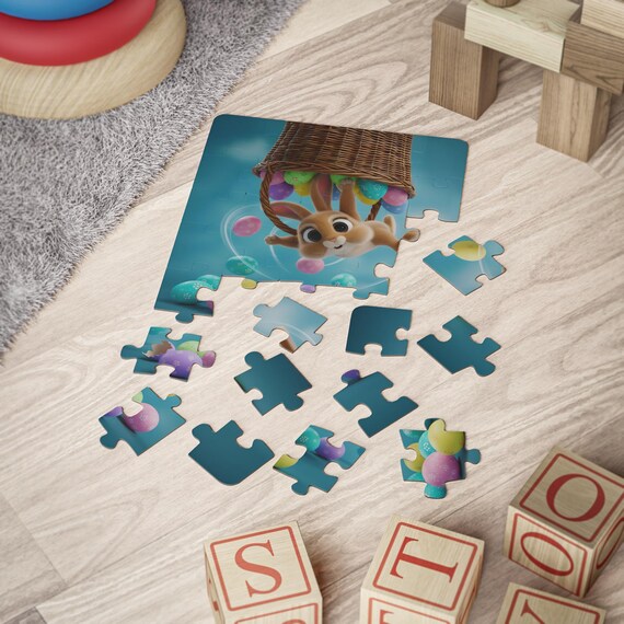 Jigsaw Puzzle, Adorable Easter Bunny Hanging from Basket with Falling Colorful Eggs