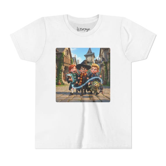 Youth Short Sleeve Tee | Wizard Trio & Magical Creature in Enchanted Village Street Fantasy Kids T-Shirt