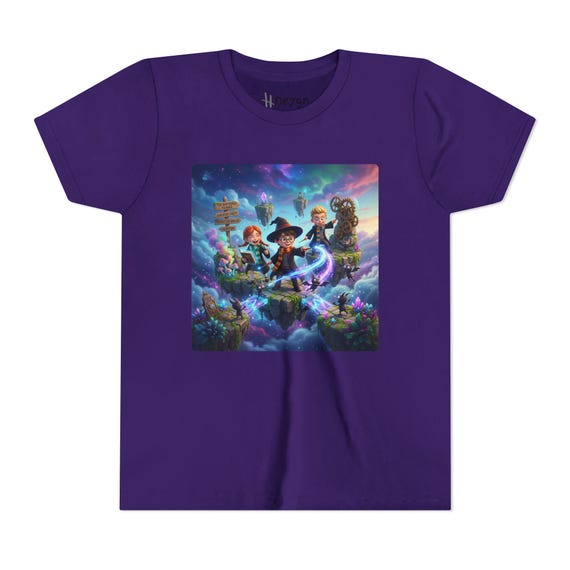 Youth Short Sleeve Tee | Wizard Trio Exploring Magic Realm on Floating Islands Fantasy Kids Shirt