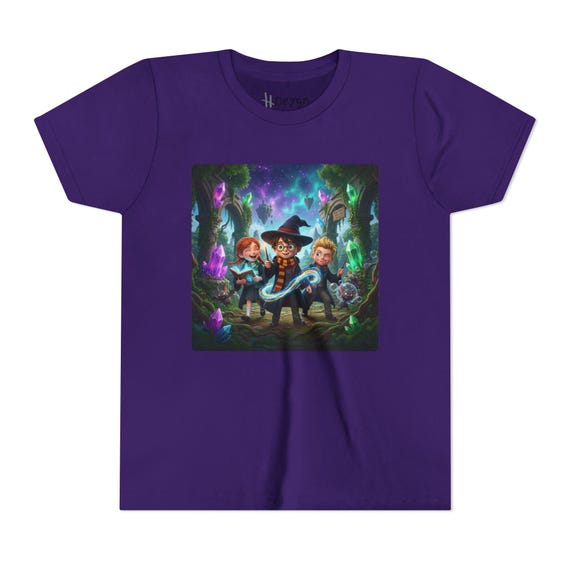 Youth Short Sleeve Tee | Magical Adventure Kids T-Shirt with Wizard Trio Casting Spells and Enchanted Crystals