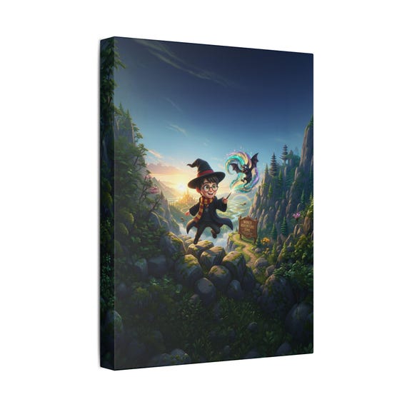 Canvas Wall Art | Magical Wizard Boy & Dragon Companion on Fantasy Adventure Journey Kids Room Decor