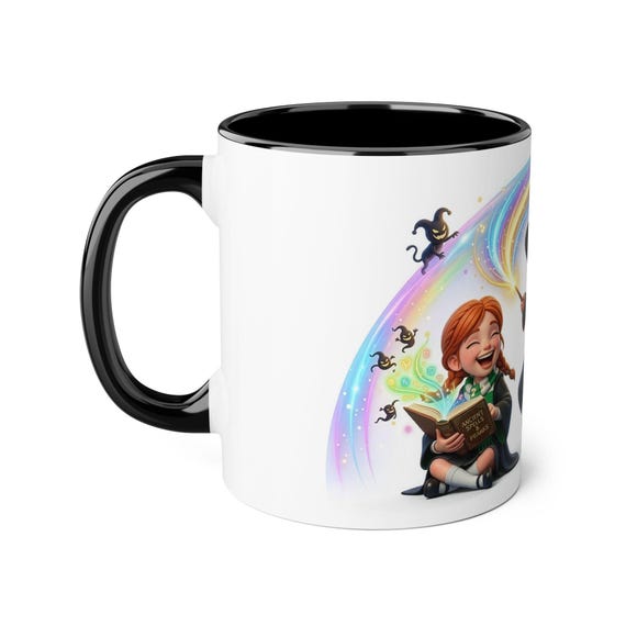 Accent Mug | Wizard Girl Unveiling Ancient Spells & Pranks Book with Colorful Magic Sprites Kids Fantasy Gift