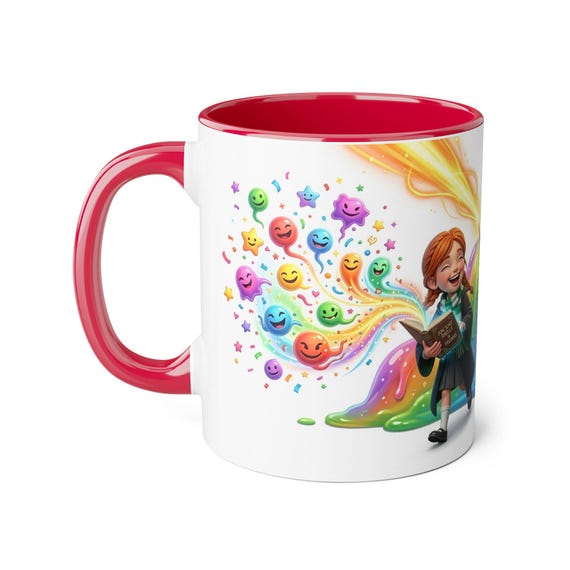 Accent Mug | Cheerful Wizard Girl Summoning Joyful Emoji Magic from Spell Book Kids Fantasy Gift