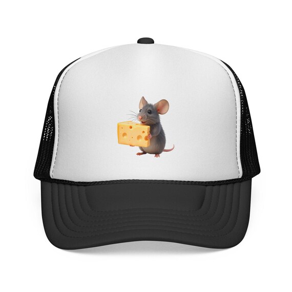 Trucker Cap, Adorable Mouse with Big Cheese Block Illustration - Black