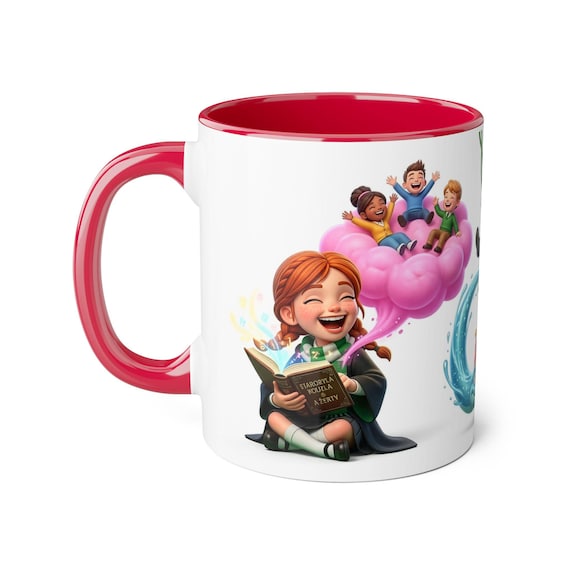 Accent Mug | Cute Wizard Girl Reading Spell Book, Flying Kids Fantasy Coffee Mug Gift