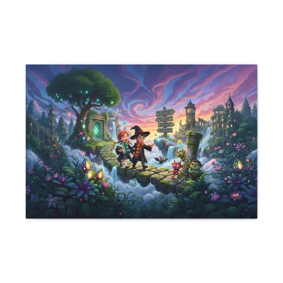 Whimsical Wizard Journey Canvas | Fantasy Art Print, Magical Landscape (30" x 20")