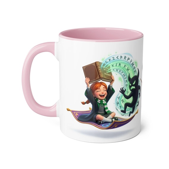 Accent Mug | Wizard Girl Flying on Magic Carpet with Ancient Prank Spell Book Conjuring Shadow Figure Kids Fantasy Gift