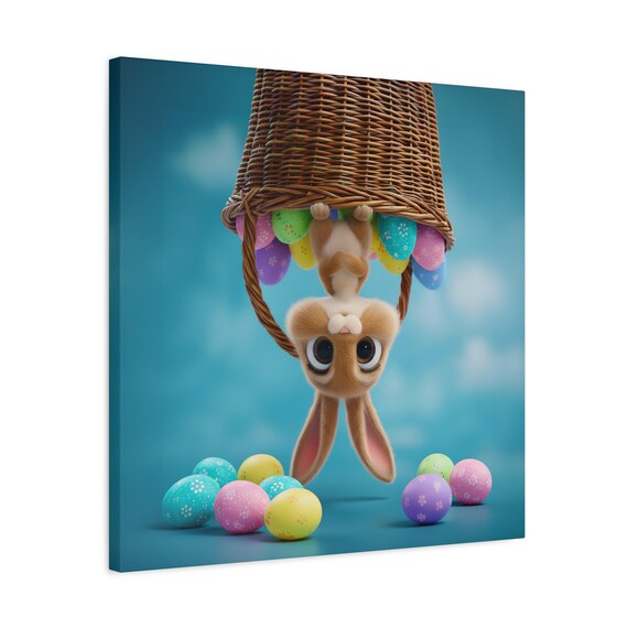 Canvas Wall Art | Sweet Bunny Upside Down in Easter Basket with Pastel Eggs for Nursery Decor