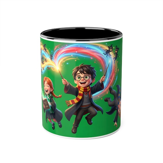 Accent Mug | Wizard Duo Casting Bright Rainbow Spell - Kids Fantasy Art Black 11oz Mug