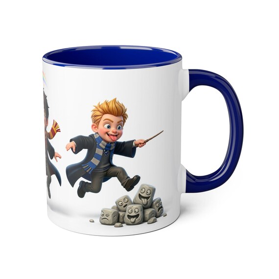 Accent Mug | Playful Wizard Boy Jumping Over Expressive Magic Rocks Fantasy Kids Coffee Cup
