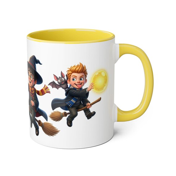 Mug | Young Wizard Duo with Flying Broomstick & Bat Fantasy Kids Coffee Cup
