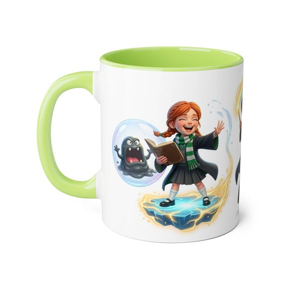 Mug | Joyful Wizard Girl Reading Magic Spell Book, Slime Monster in Bubble Kids Fantasy Gift