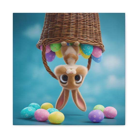 Easter Bunny Hanging Canvas Print – Whimsical Wicker Basket Easter Eggs Wall Art