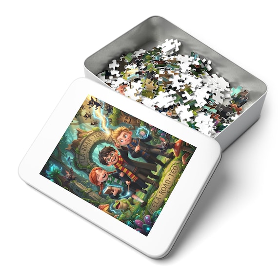 Jigsaw Puzzle with Storage Tin - Spellcasting Wizard Trio Kids Fantasy Forest Adventure - 14"x 11"