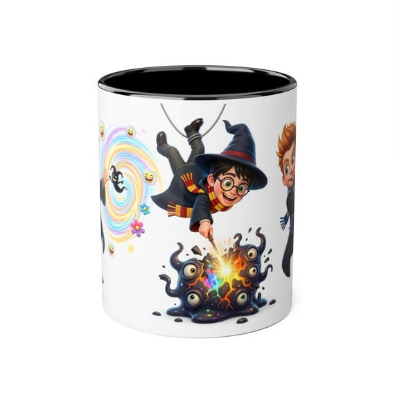 Accent Mug | Cartoon Wizard Trio Battling Goo Monster with Rainbow Magic