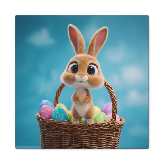 Whimsical Bunny Easter Basket Canvas Print: Springtime Joy Wall Art