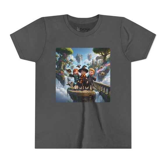 Youth Short Sleeve Tee | Magical Trio Spellcasters on Floating Islands Kids Fantasy Shirt