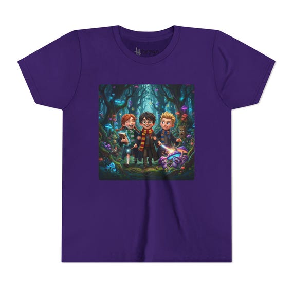 Youth T-Shirt | Magical Mushroom Forest Adventure Tee - Young Wizards with Glowing Spells