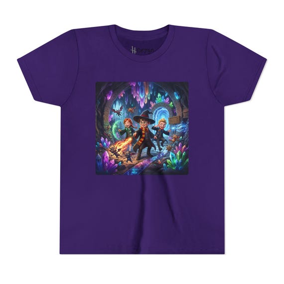 Youth Short Sleeve Tee | Wizard Kids Trio Magical Crystal Cave Exploration Fantasy T-Shirt