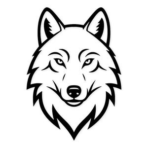Op de afbeelding: Een zwart-wit illustratie van een wolfskop. Het ontwerp heeft gedurfde zwarte lijnen die de kenmerken van de wolf definiëren, inclusief zijn ogen, neus en oren. De afbeelding is een close-up, met focus op het gezicht van het dier.
