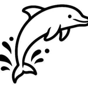 Może przedstawiać: Czarno-biała ilustracja delfina wyskakującego z wody. Delfin przedstawiony jest z gładkim, zakrzywionym konturem, a woda reprezentowana jest przez stylizowane czarne rozpryski i kropki. Obraz ma czysty, minimalistyczny design.