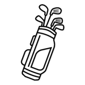 May include: Black and white line art illustration of a golf bag filled with golf clubs. The bag is rectangular with a handle and a side pocket. The golf clubs are of various types.