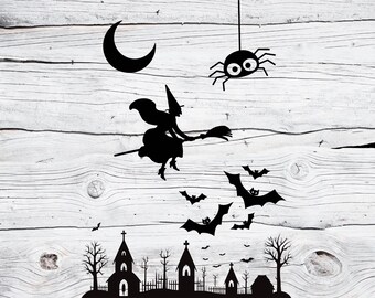 Halloween SVG, Halloween Clipart SVG, Flying Witch Silhouette, Haunted House Clipart, Bats Spider Moon, Cricut Cut File, Sublimation
